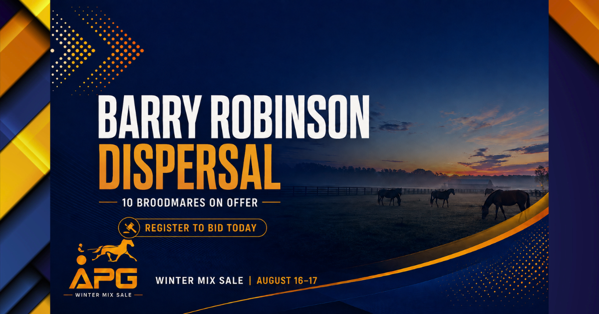 Auction banner for Barry Robinson Dispersal: 10 broodmares on offer, horse pasture scene with logo and 'Register to bid today' button.