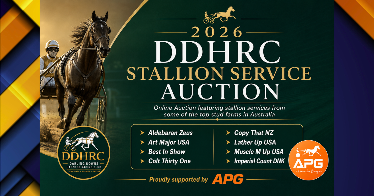 Poster for the 2026 DDHRC Stallion Service Auction with a harness racing horse and sulky on the left, green background, and bold event title text.